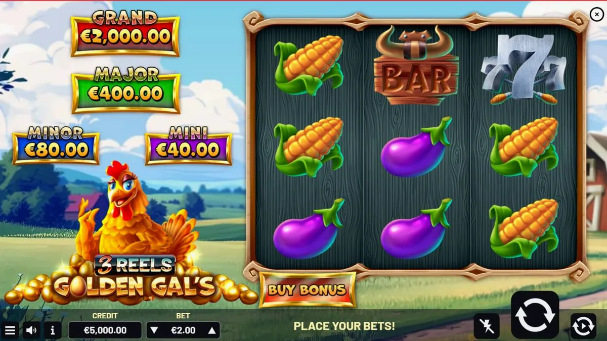Tampilan mesin slot Golden Gal’s 3 Reels dengan nuansa pedesaan