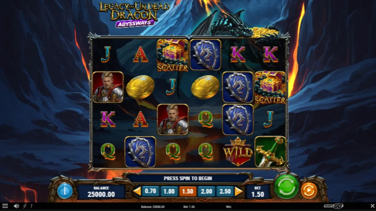 Tampilan visual slot Legacy of Undead Dragon Abyssways dengan naga dan harta karun.