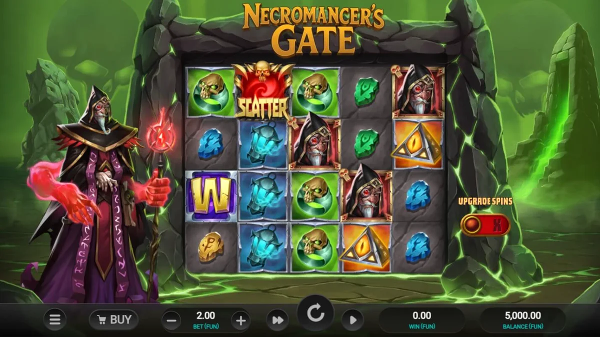 Tampilan visual slot Necromancer’s Gate dengan tema gotik dan tengkorak
