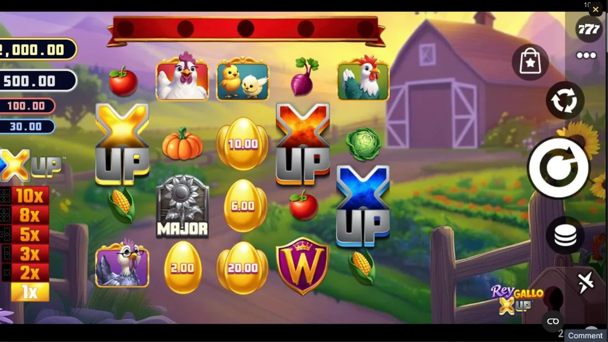 Tampilan visual slot Rey Gallo X UP dengan tema peternakan yang ceria
